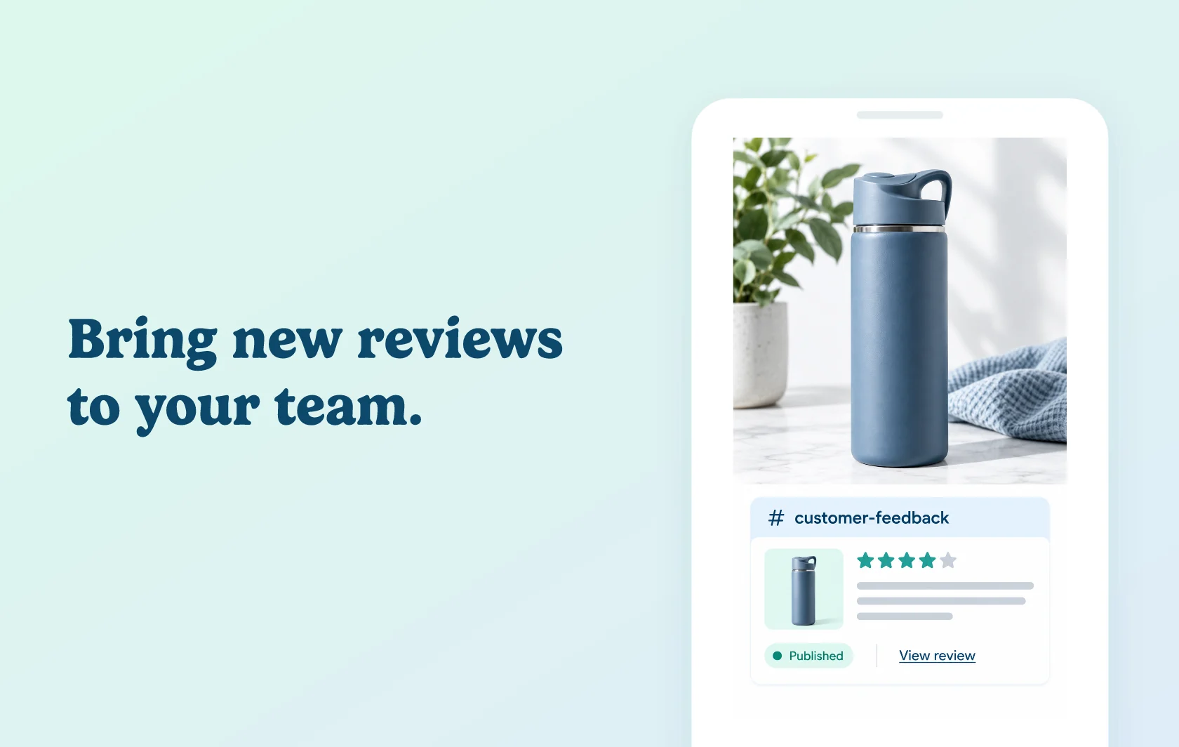 Judge.me and Slack integration: illustration of a flask review appearing as a notification in a team feedback channel.