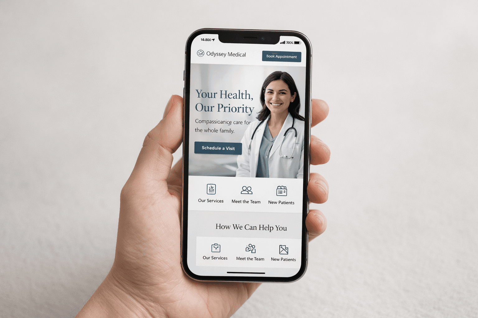 Mobile-optimized medical practice website displayed on an iPhone
