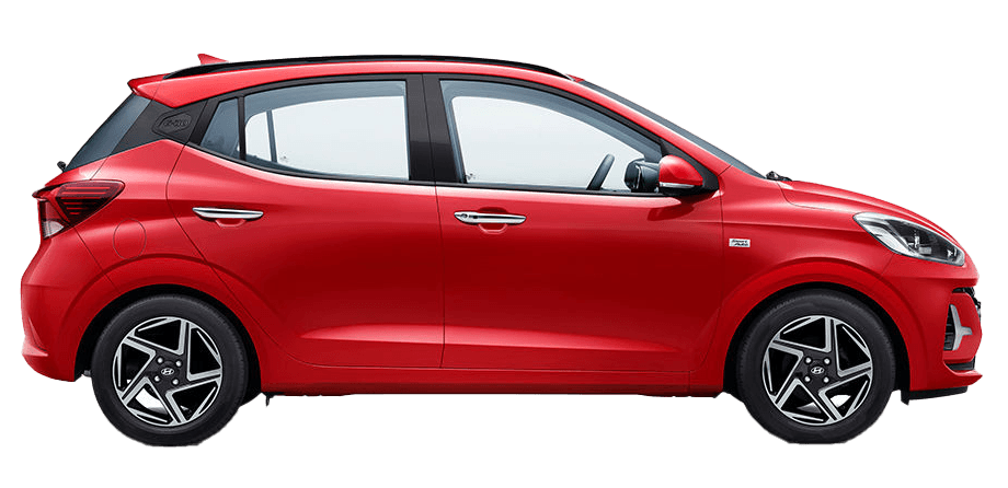 Red compact car rental in Madhapur on a white background.