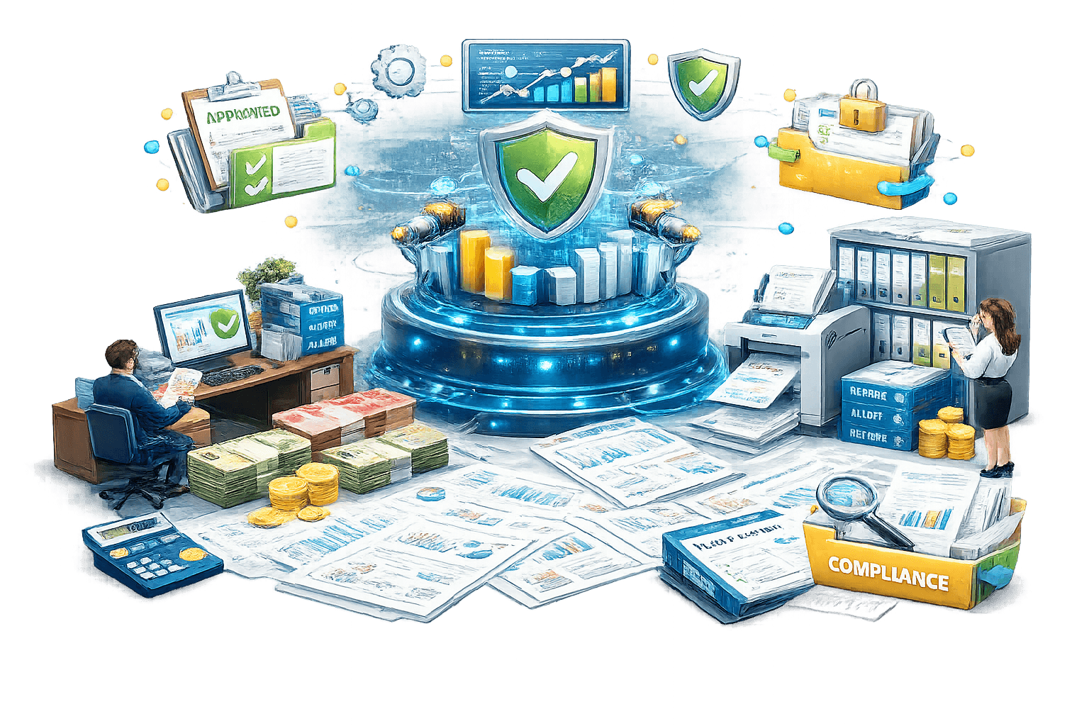 Ilustrasi AI‑driven compliance management & automated approval workflow. Di tengah, platform analitik terpusat dengan perisai hijau bertanda centang melambangkan persetujuan dan keamanan, dikelilingi grafik kinerja dan bar chart.  Di kiri, seorang analis bekerja di meja dengan dashboard validasi, tumpukan uang/koin, dan dokumen—menunjukkan review finansial. Di kanan, arsip laporan dan printer memproses dokumen, dengan folder bertanda gembok dan label COMPLIANCE sebagai audit trail. Elemen clipboard “APPROVED”, checklist, dan ikon keamanan menggambarkan orkestrasi end‑to‑end: verifikasi, otomasi laporan, kontrol akses, dan kepatuhan yang terintegrasi.