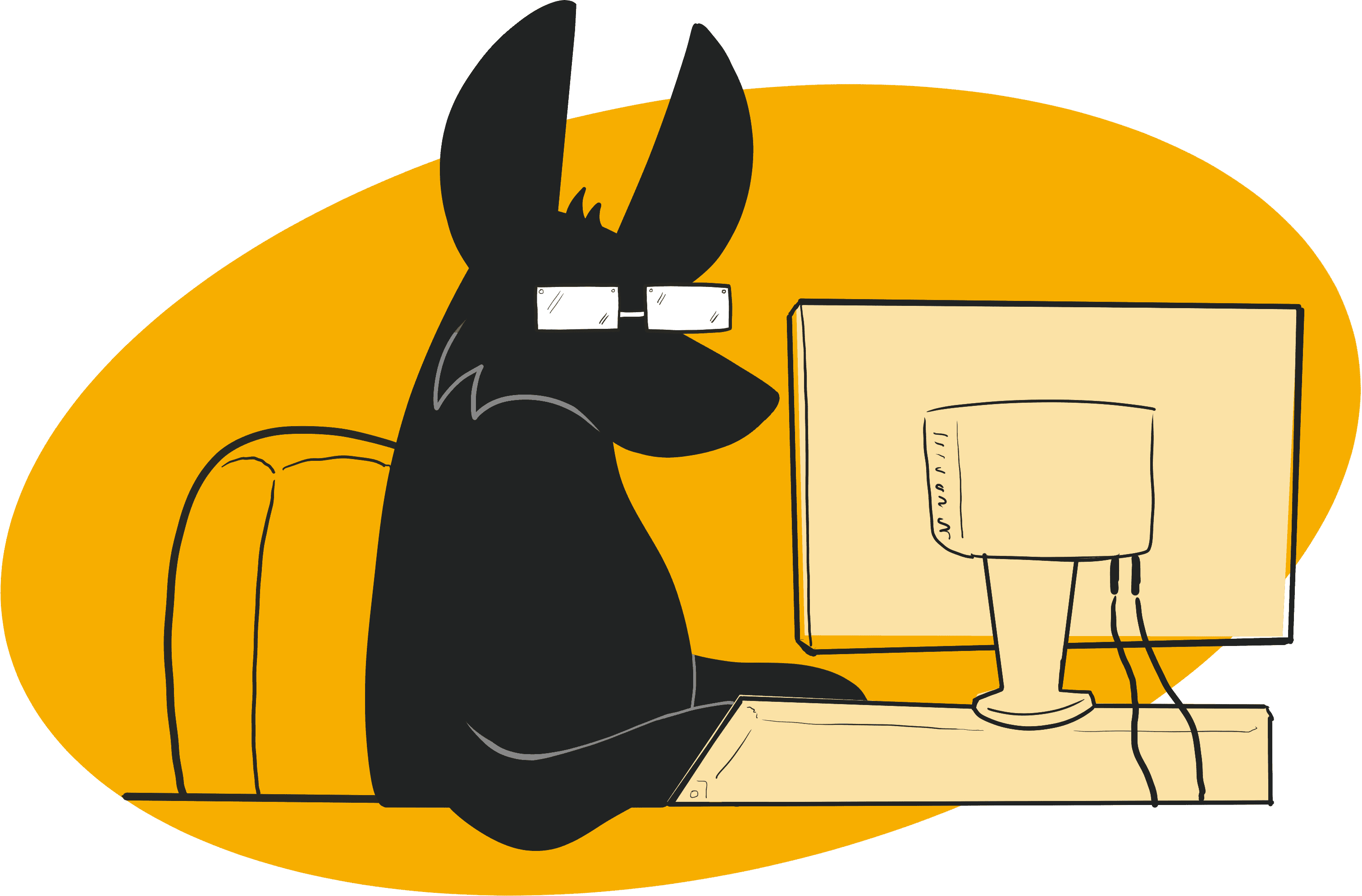Illustration of Coyote, wearing square glasses, sitting at a desktop.