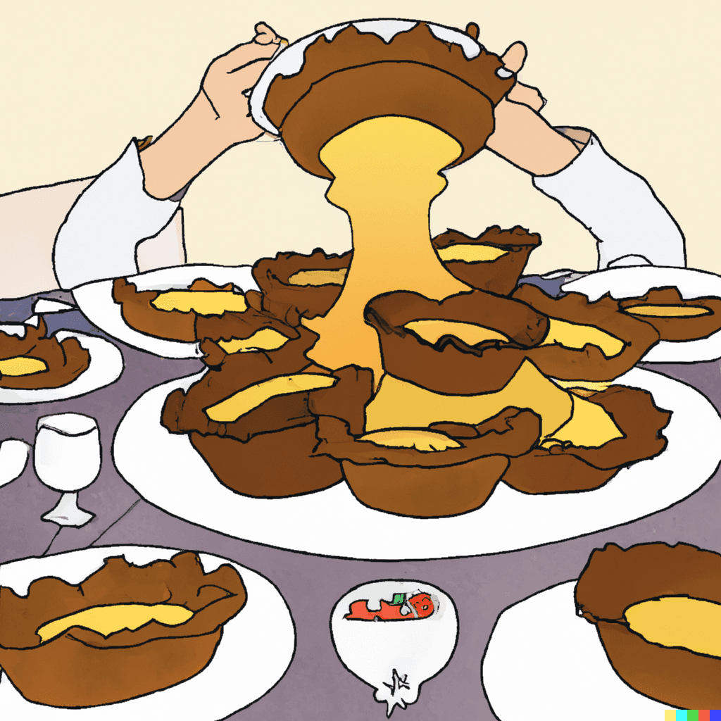 DALL-E generated image: create a christmas dinner of just yorkshire pudding, so much yorkshire pudding that the table overflows - and include a human looking at it with fear and excitement