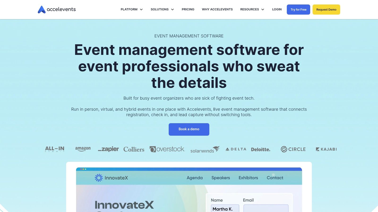 Accelevents software homepage showing event management dashboard