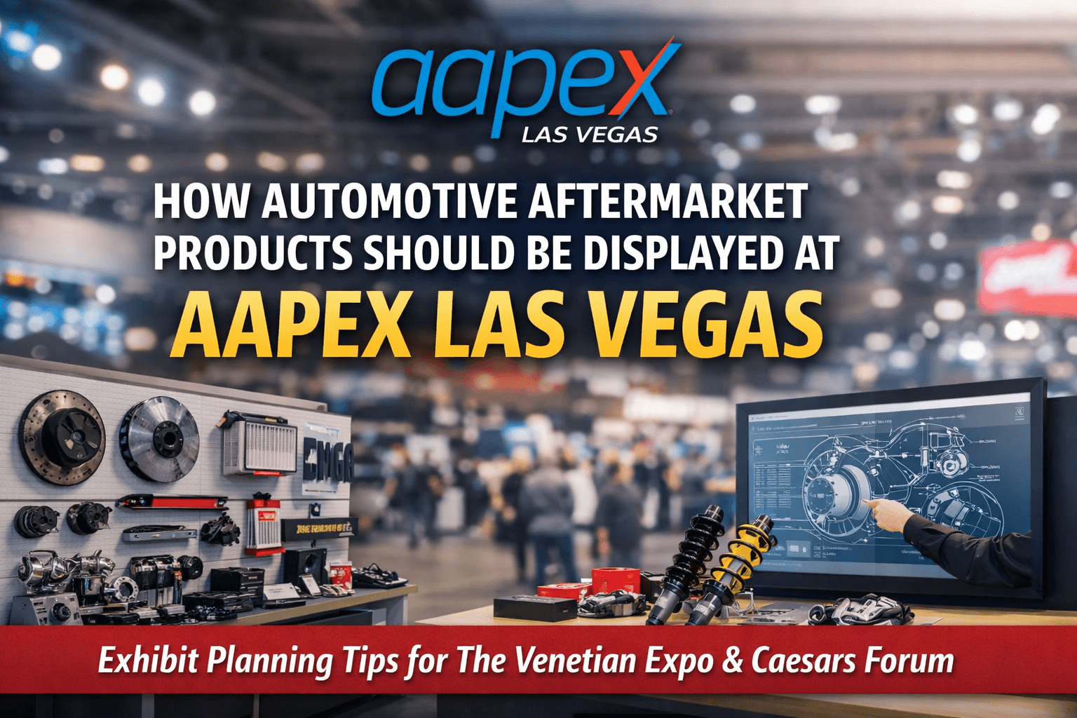 AAPEX Las Vegas blog cover showing automotive aftermarket product display ideas, parts presentation, and booth planning concepts
