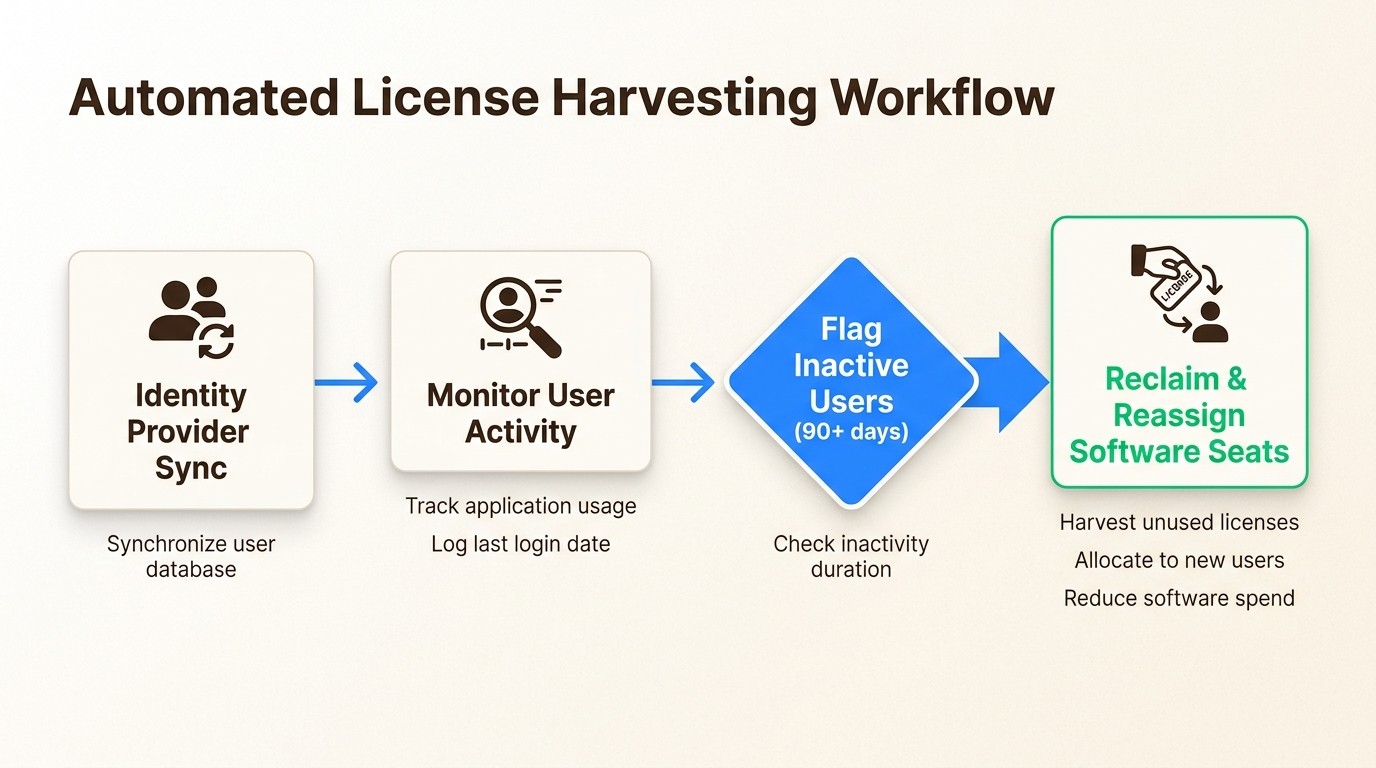 This automated workflow demonstrates how IT teams can efficiently identify and reclaim unused software licenses from inactive users, optimizing costs.