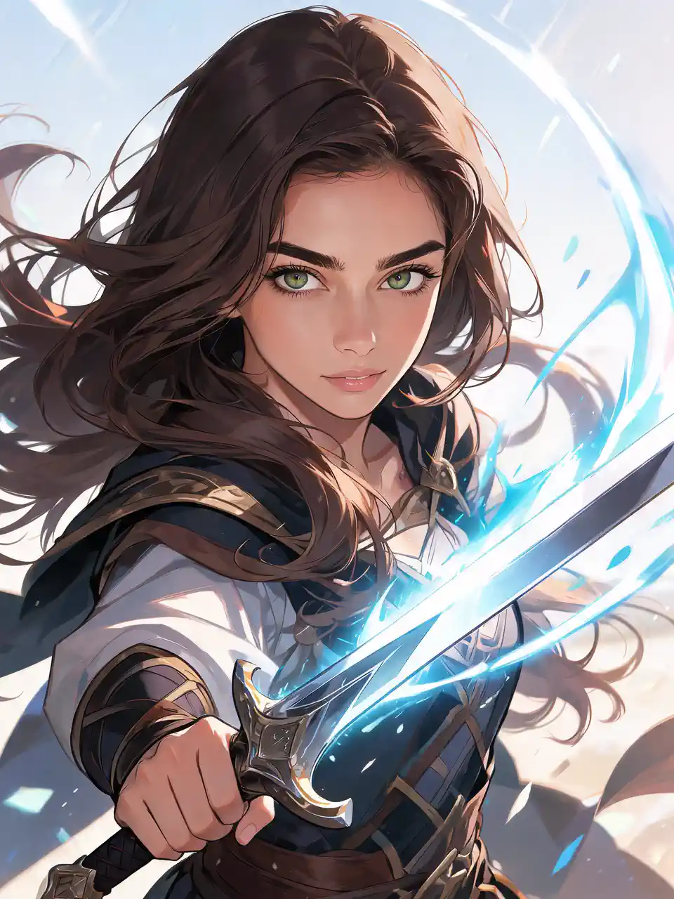 Guerrier de fantasy tenant une épée bleue flamboyante