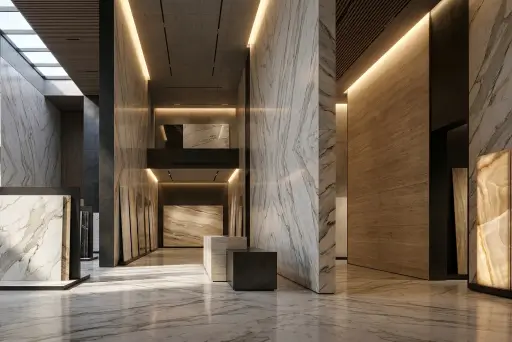 Μεγάλα πλακάκια μεγάλων διαστάσεων (slabs) σε σύγχρονο showroom υλικών ανακαίνισης με πολυτελή αρχιτεκτονικό σχεδιασμό