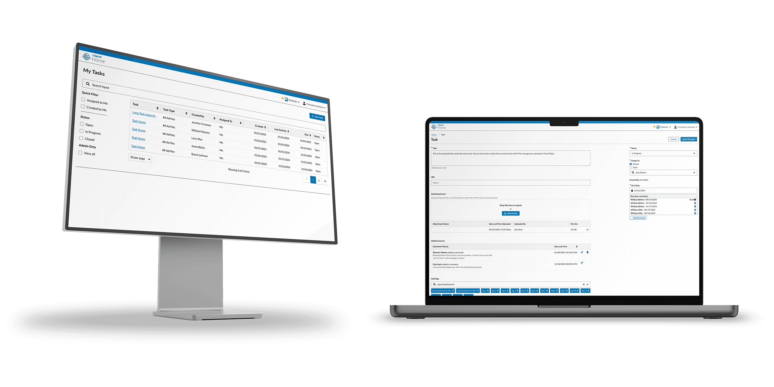 A mockup view of the dashboard, including a table of the tasks and filters, as well as a desktop view of all of the new Tasks features