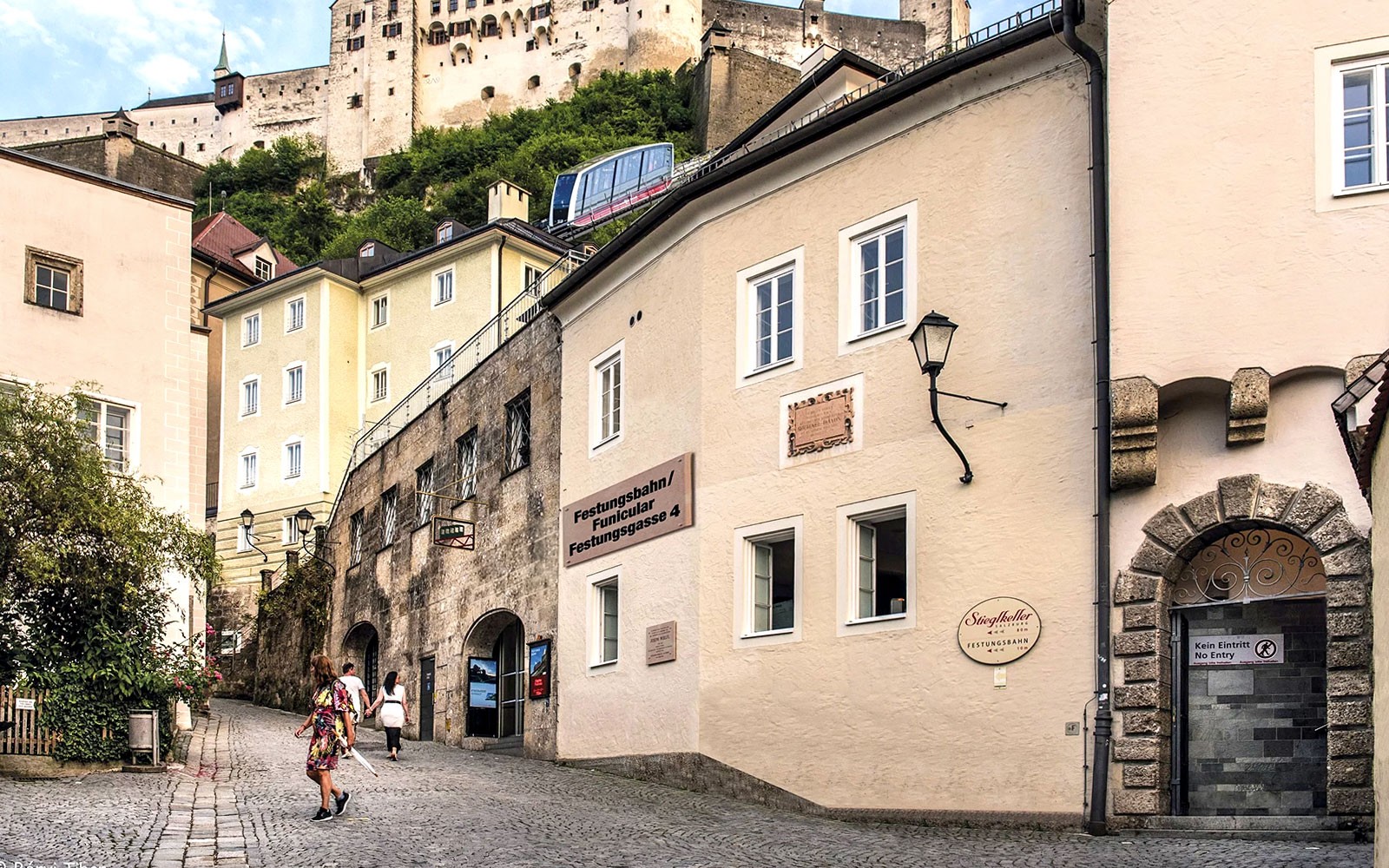 Fortress Hohensalzburg entrance with funicular railway in Salzburg, Austria.