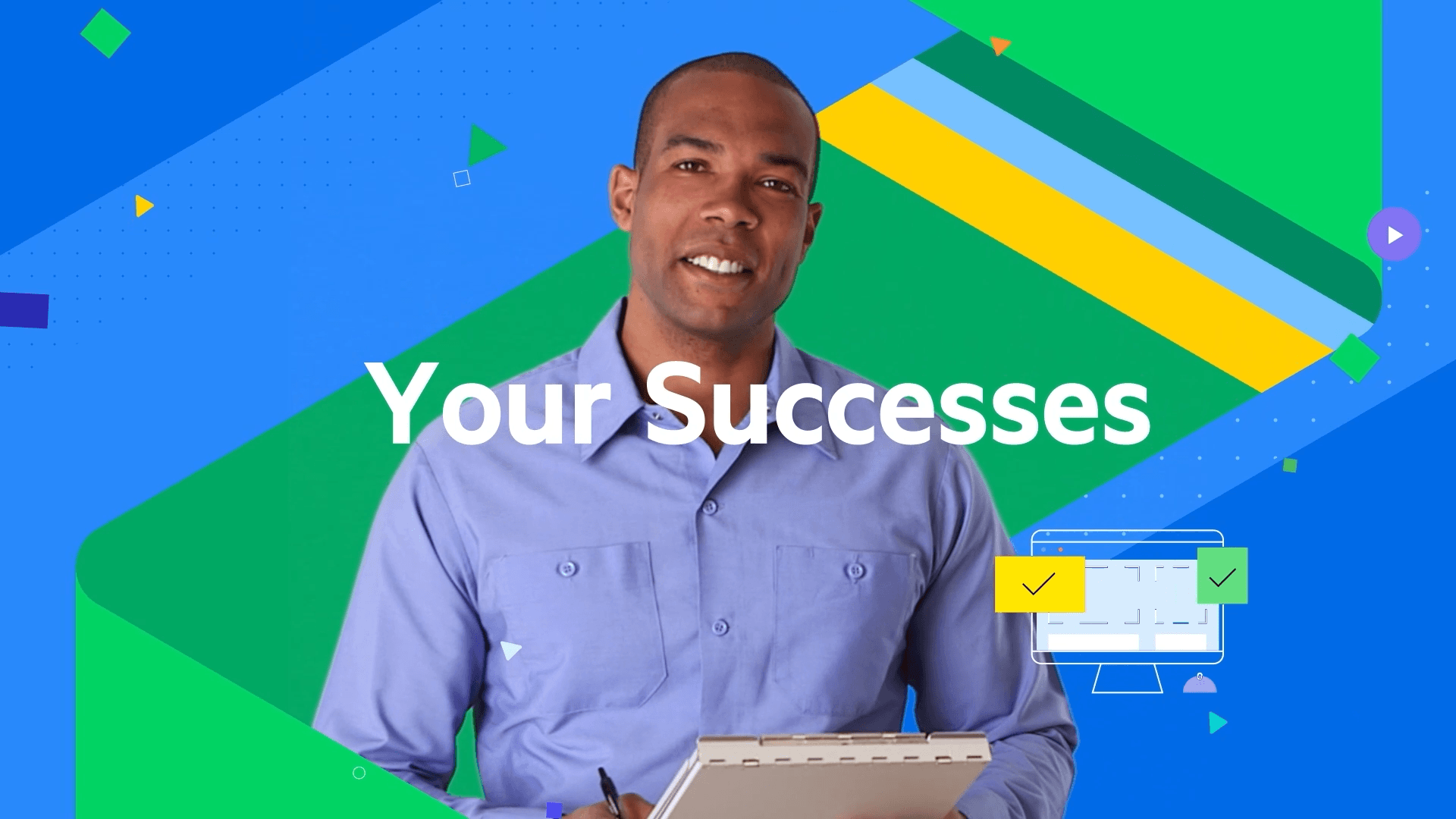 Corporate animation frame featuring smiling professional and text Your Successes on vibrant geometric background