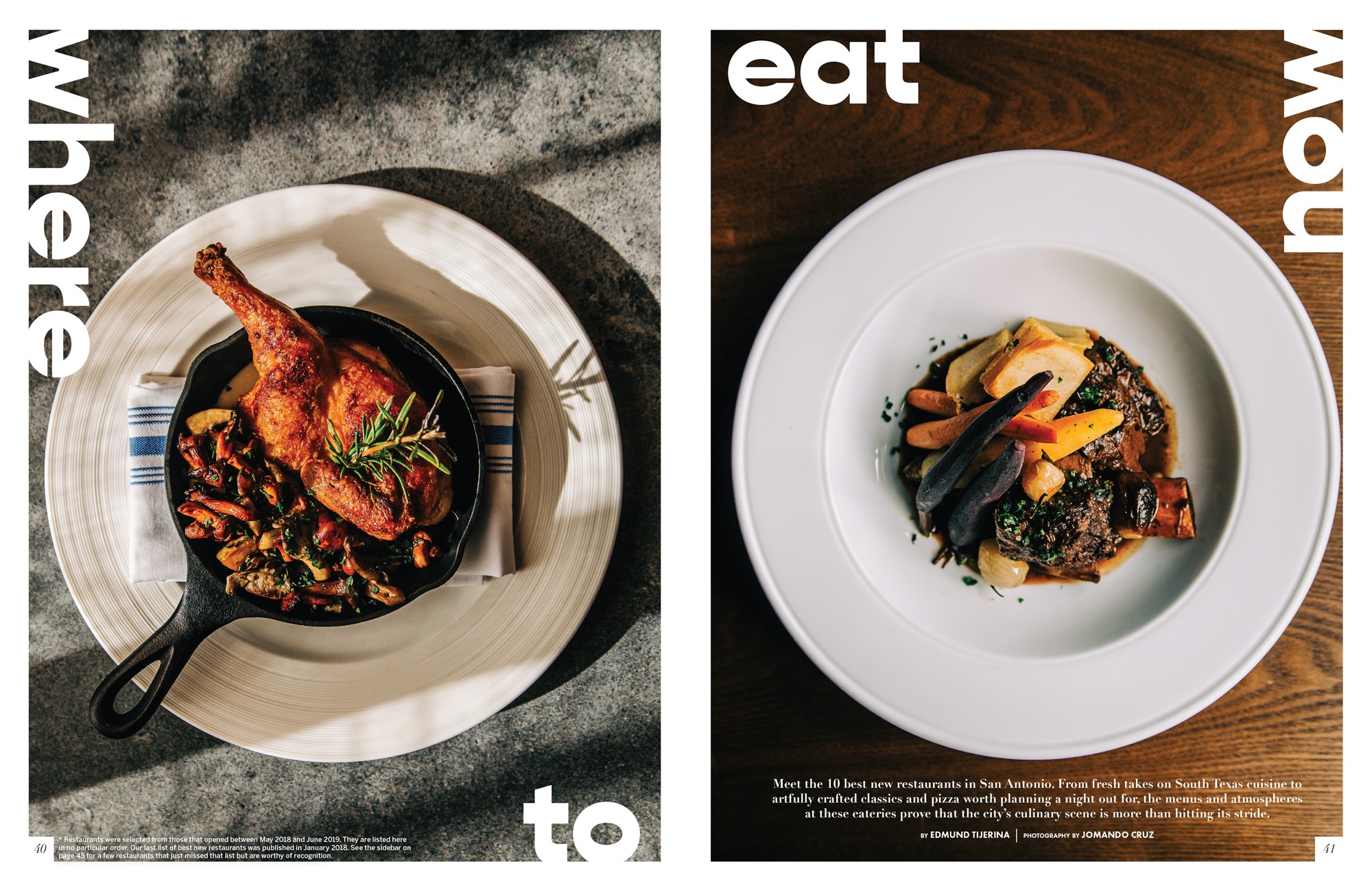 San Antonio Magazine Where to Eat Now feature spread with bold typography and restaurant food photography