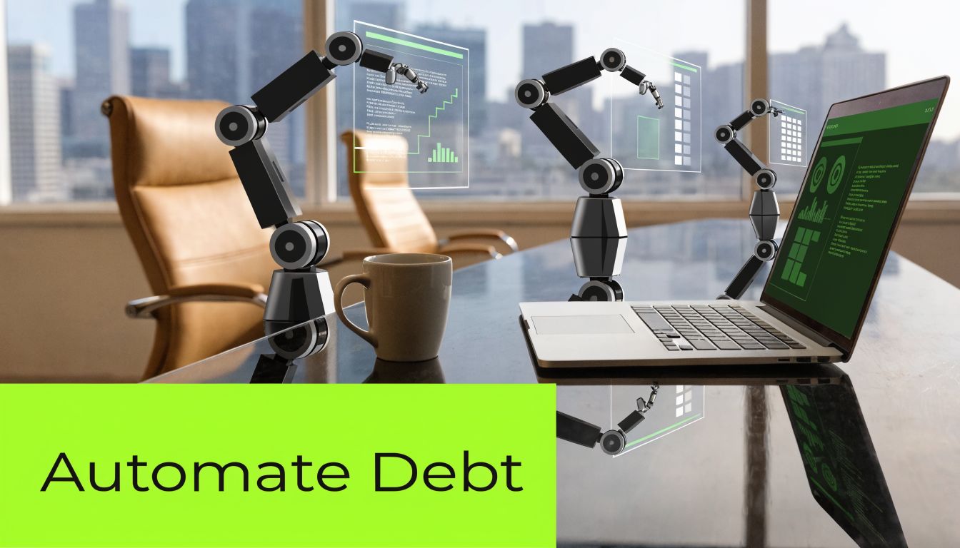 Robotic arms interacting with digital data dashboards above a desk to represent automated debt management processes.