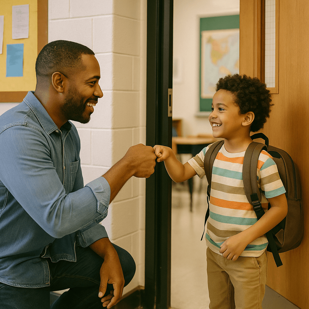 Illustration of father and son fist-bumping before son enters classroom