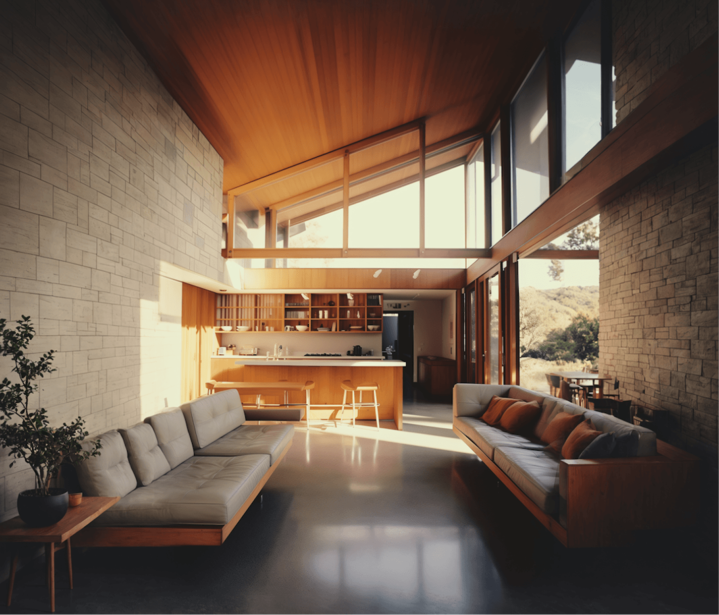 wooden beams, tan leather sectional sofa, brick walls, and floor-to-ceiling windows overlooking outdoor space