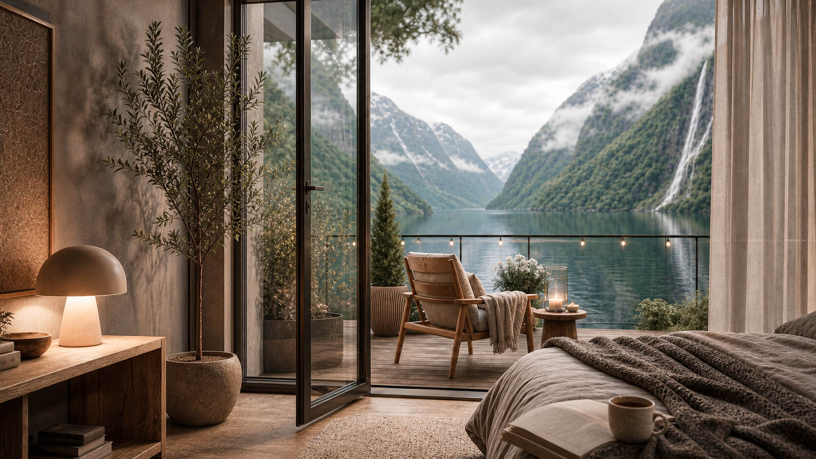 Bedroom opening onto a furnished terrace above the mountain fjord