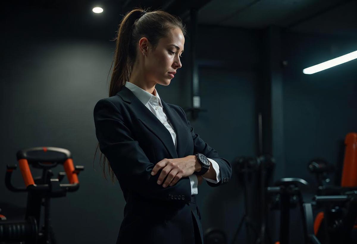 Professional dark gym photography of a busy professional female in business attire transitioning to workout, checking watch, dark minimalist gym setting with dramatic side lighting and subtle orange-red equipment accents