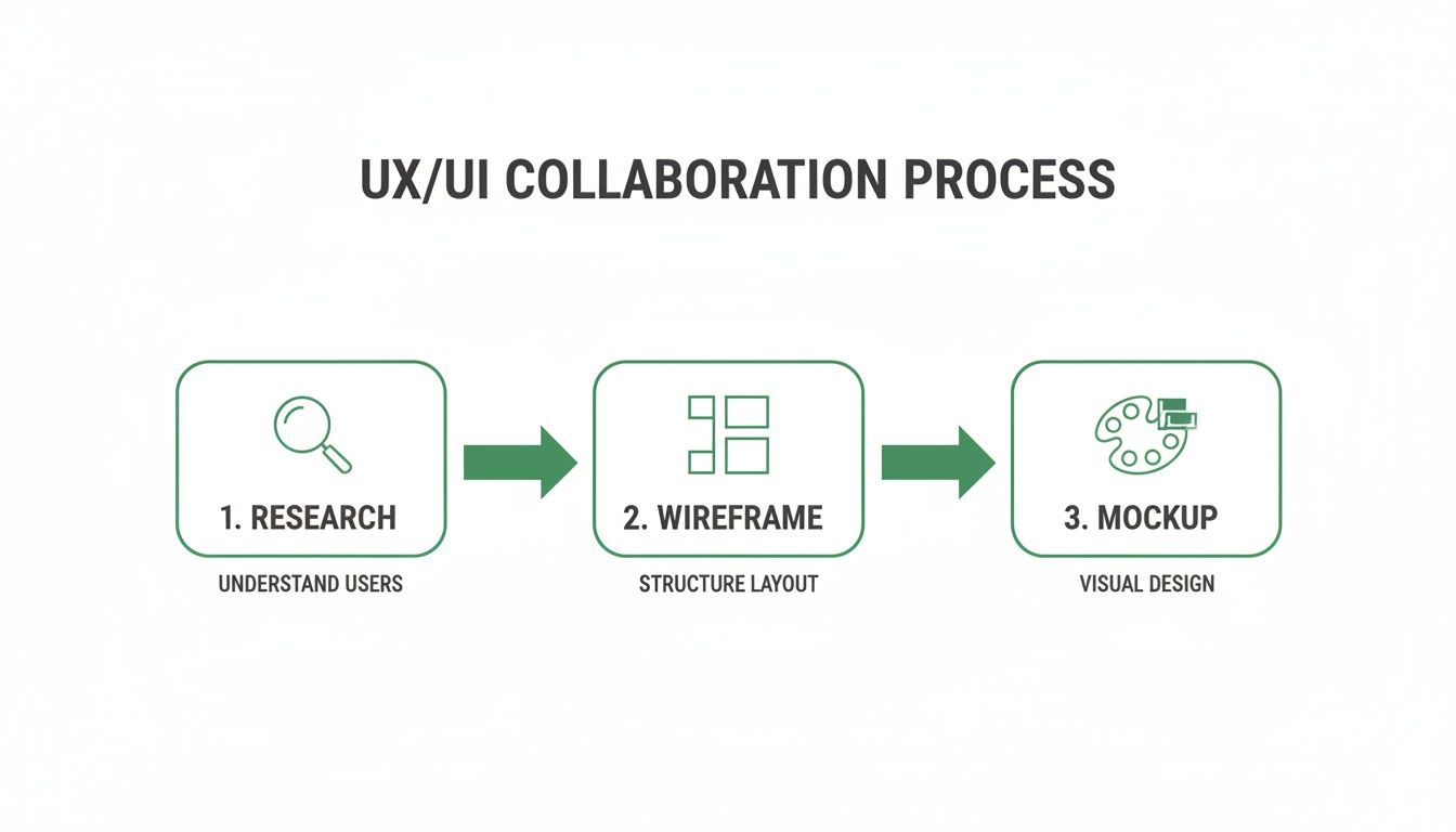 A flowchart illustrates the UX/UI collaboration process, showing steps like research, wireframe, and mockup.