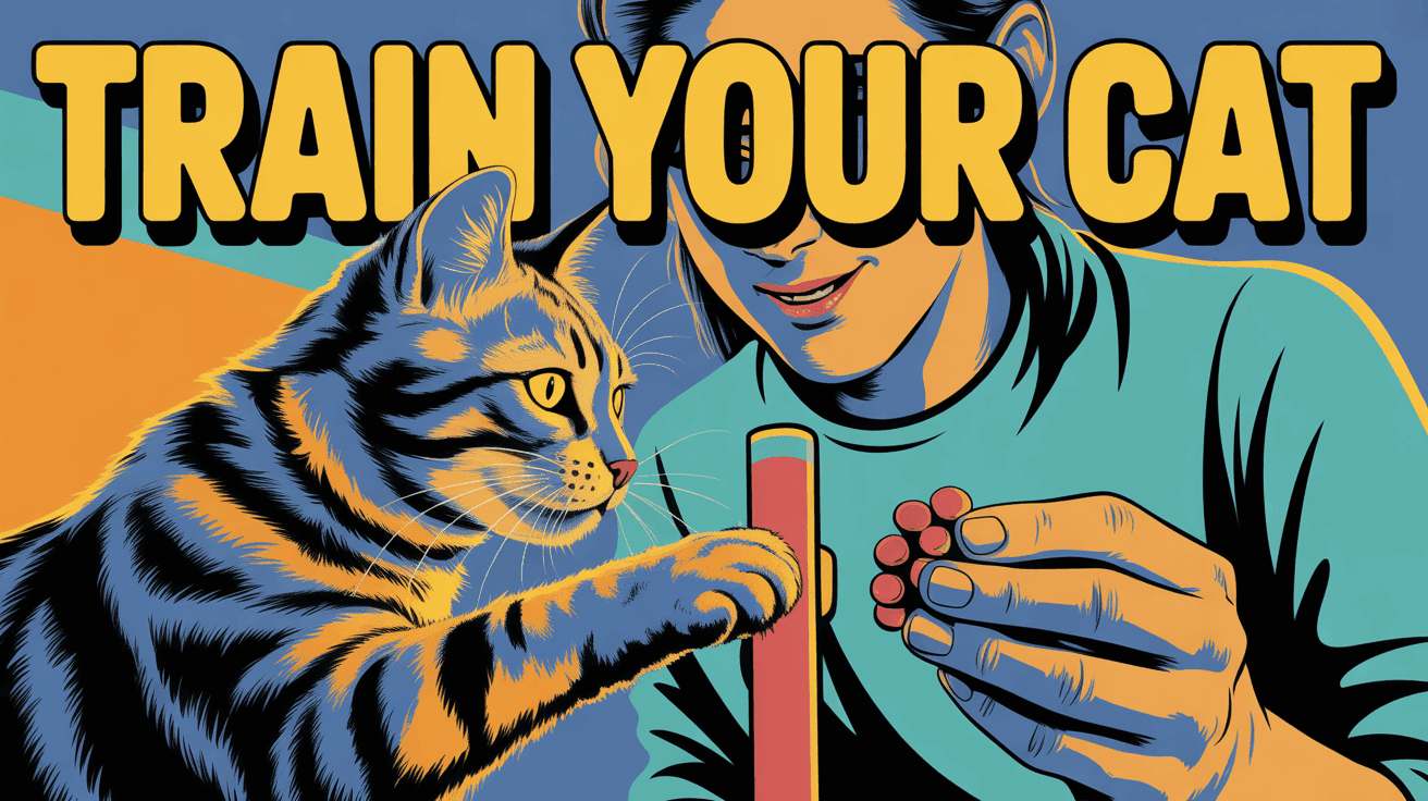 Tabby cat targets training stick beside TRAIN YOUR CAT neon headline
