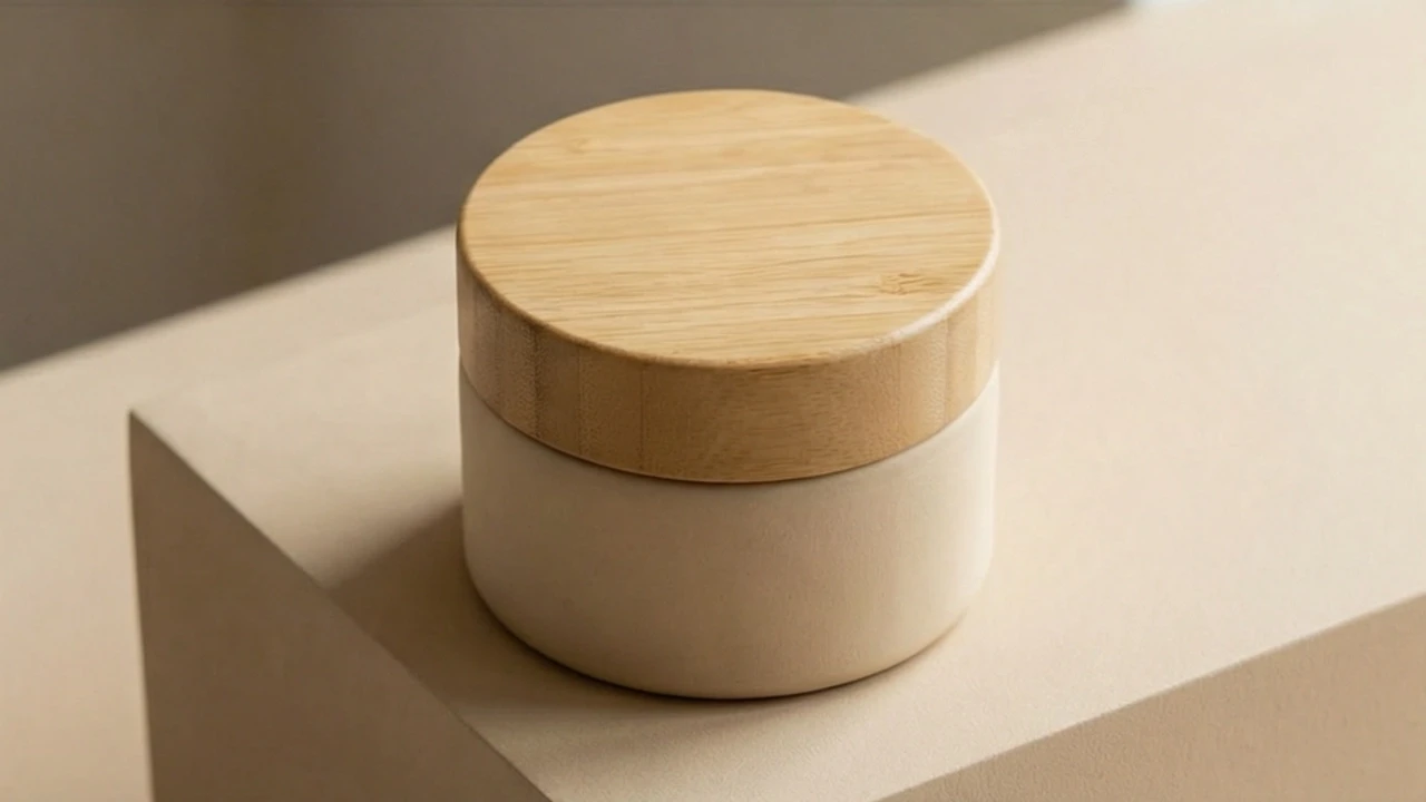 A minimalist cream-colored ceramic skincare jar with a wooden lid resting on a beige block.