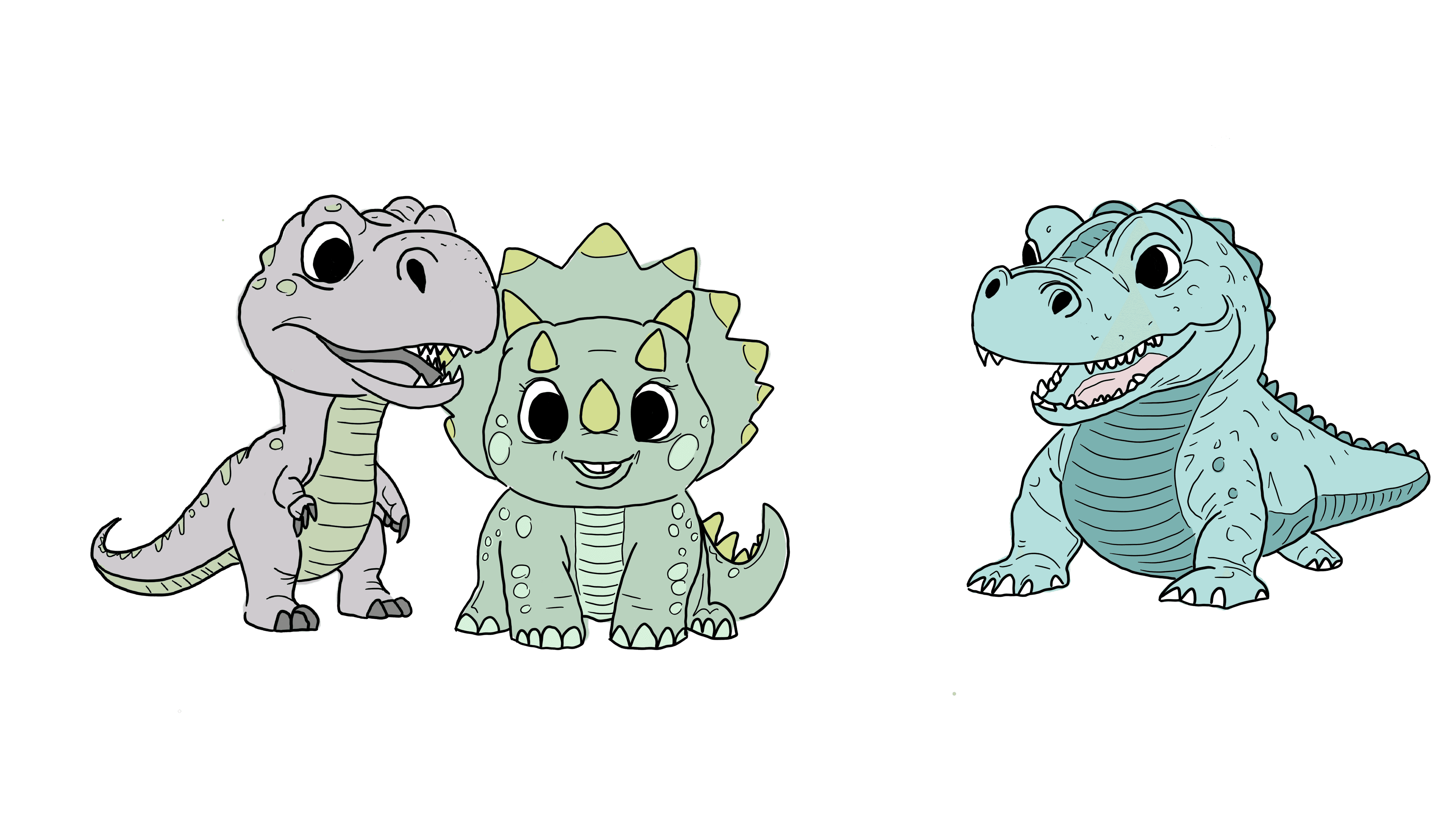 Spiel-Charaktere Rex, Tricsi und Krokk lächeln.