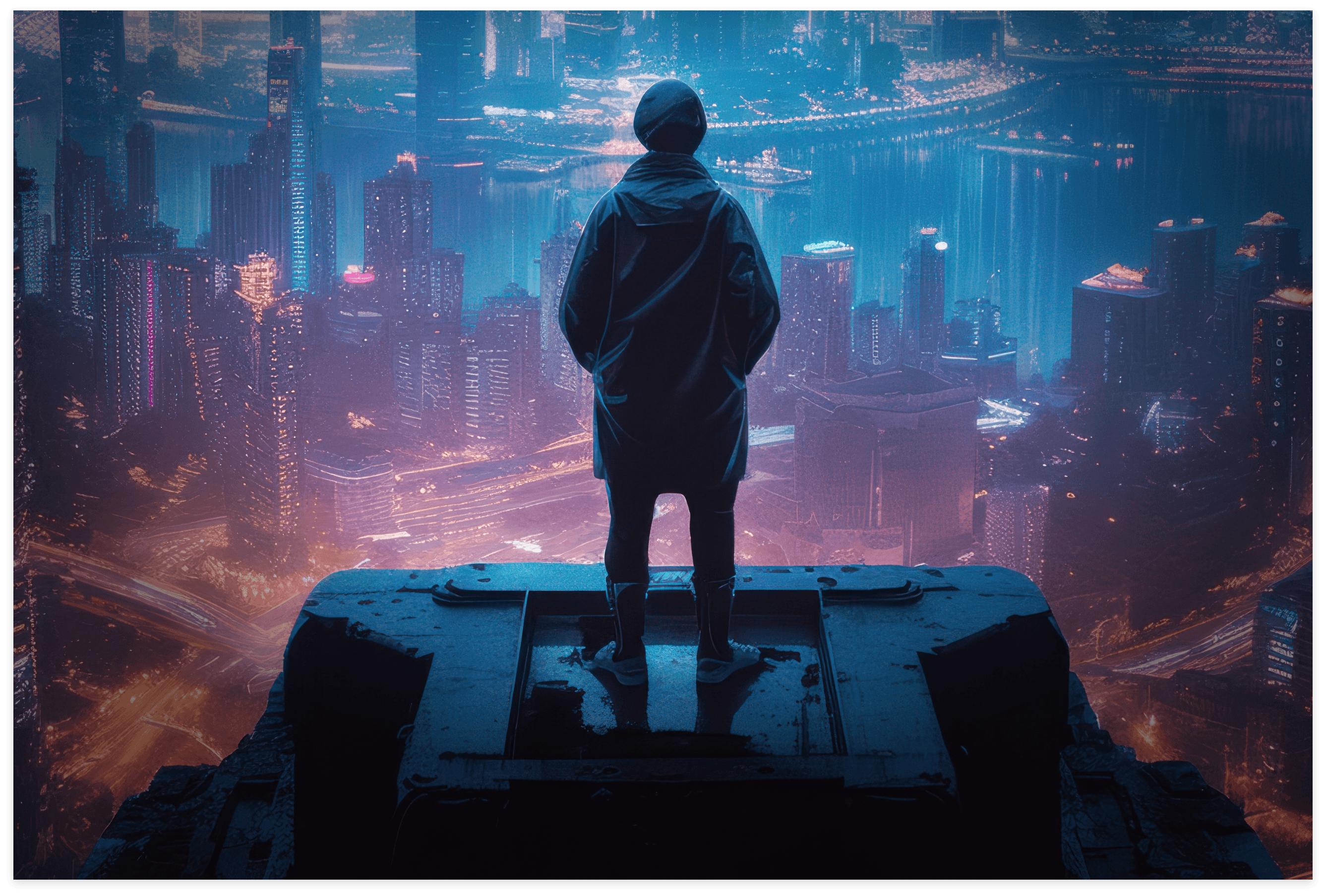 Hooded figure standing on a rooftop overlooking a neon city at night