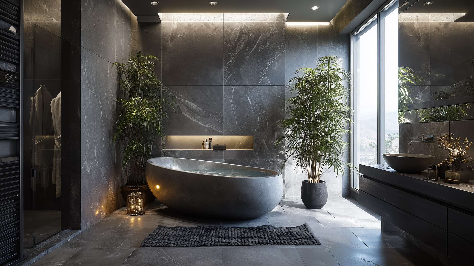 A luxurious bathroom with a stone bathtub, large windows, and green plants. The elegant gray marble decor creates a serene and spa-like atmosphere.