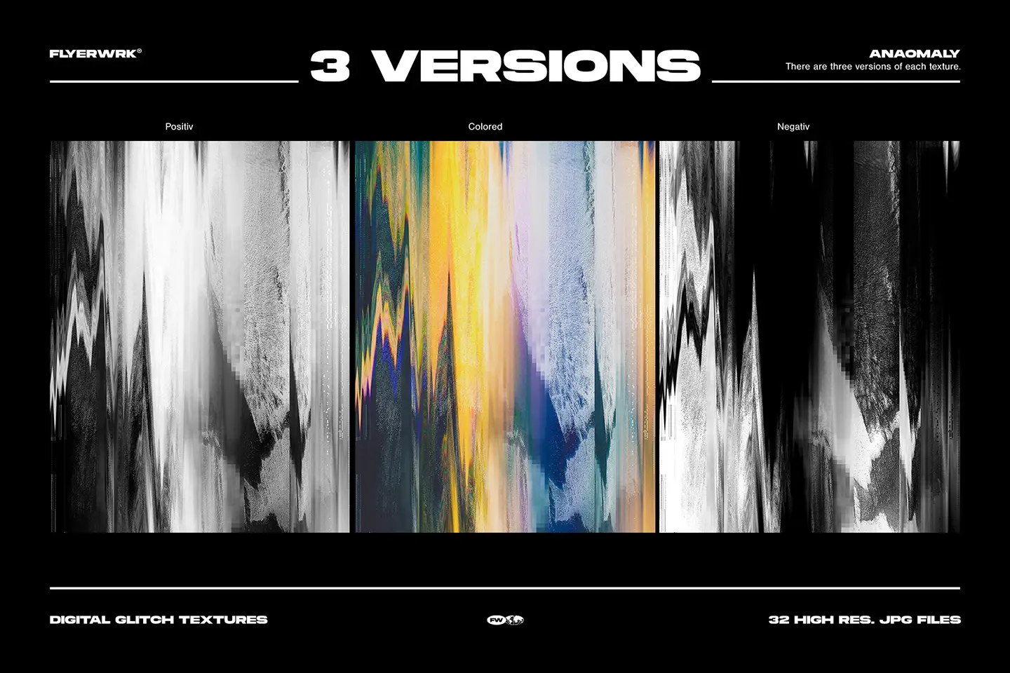 Anomaly digital glitch textures previewing three versions including positive black and white colored and negative