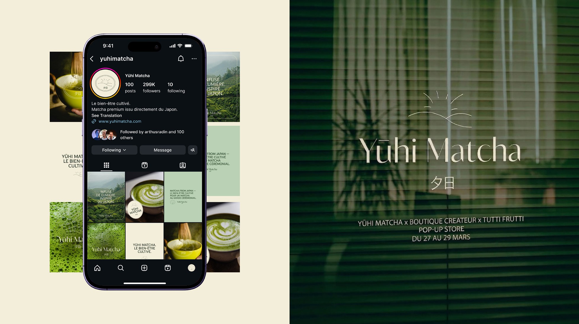 Feed Instagram Yūhi Matcha + Photo d'annonce du pop up store de la marque à Paris