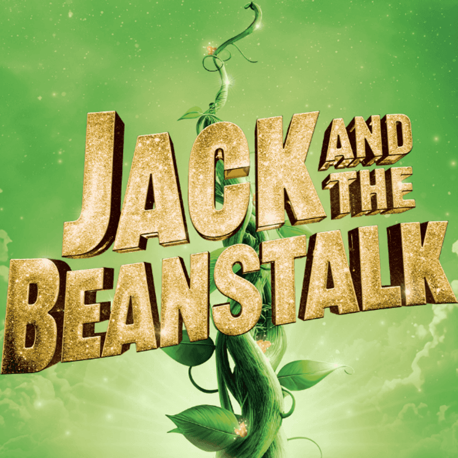 Jack és a bűvös paszuly címe babpaszullyal a zöld ég hátterében.