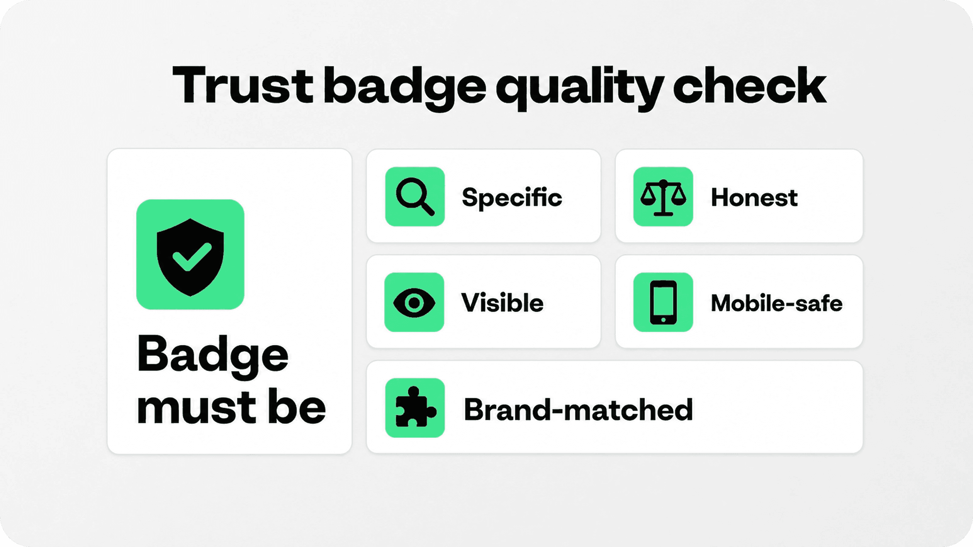 Trust badge quality checklist covering specificity, honesty, visibility, mobile design, and branding