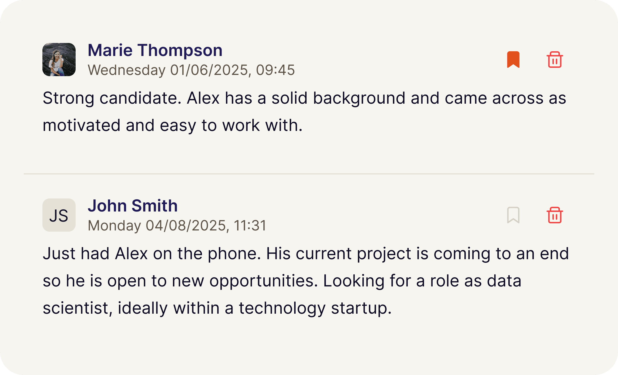 A screenshot of notes that are added to a candidate by multiple team members