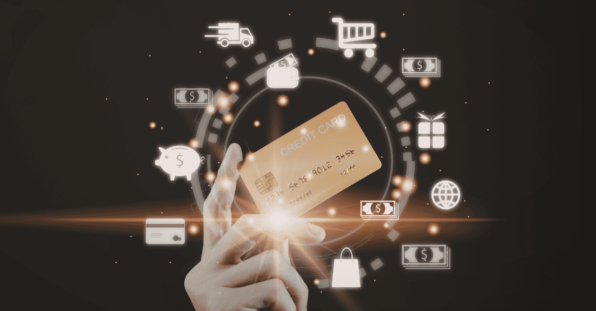 A hand holds a gold credit card surrounded by icons representing online shopping, delivery, gifts, and money.