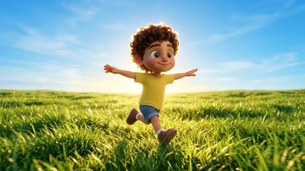 Scene 4: the boy running with arms wide across a sunny meadow