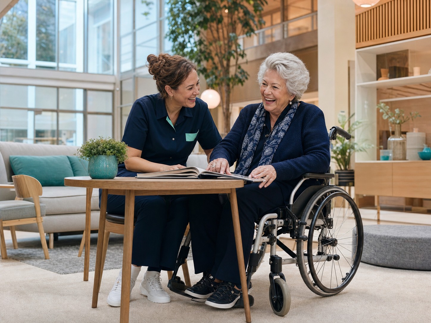Een zorgmedewerker en een oudere client in een rolstoel bekijken lachend samen een fotoalbum.