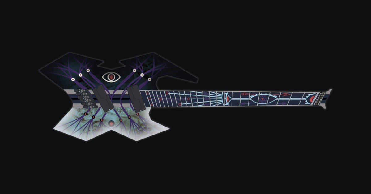 Genesis custom multiscale extended range guitar full body render with Yggdrasil body inlays, luminescent fretboard inlays, poplar burl top, and fanned fret headless design