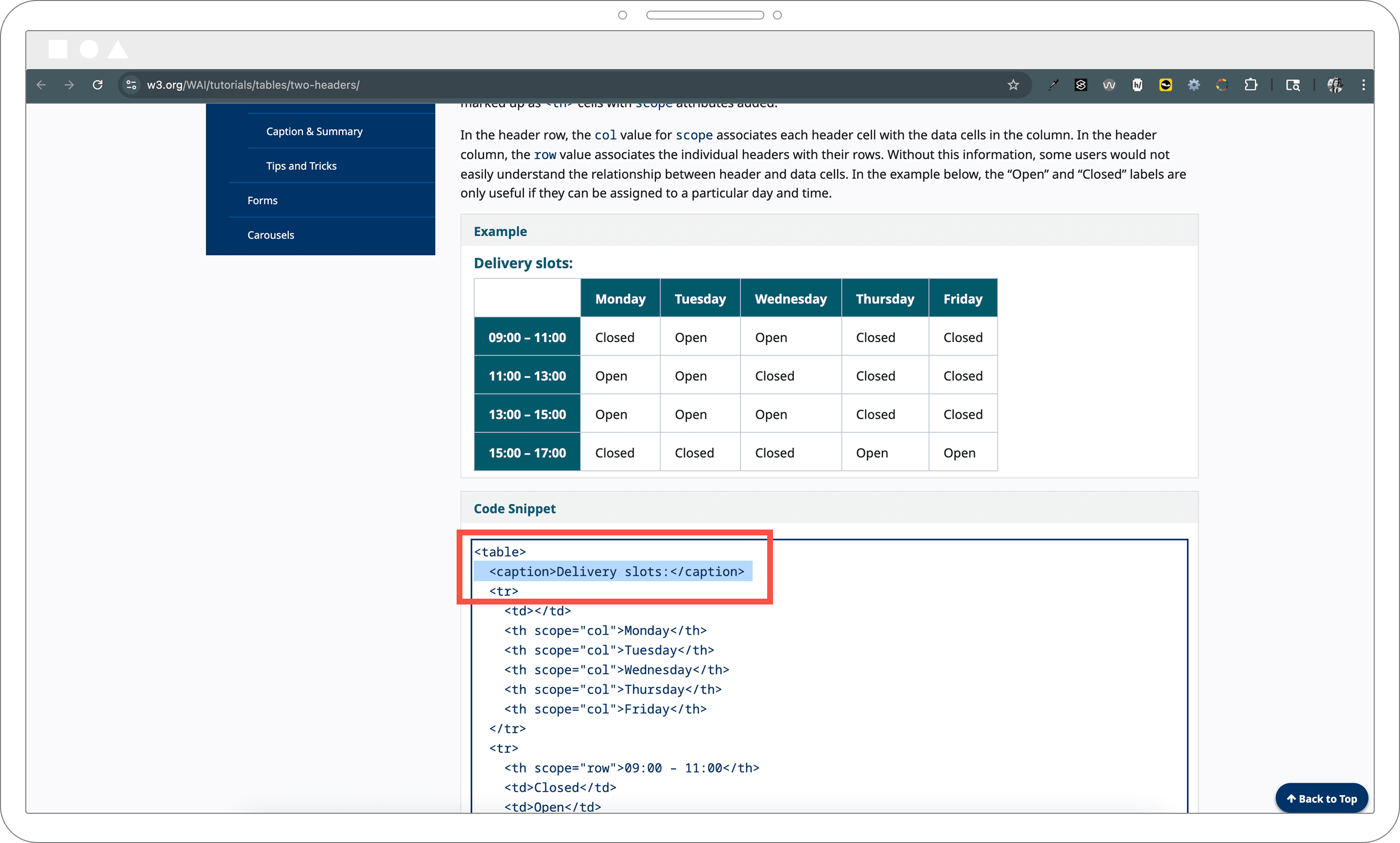 Sample data table showing a caption element to label the table