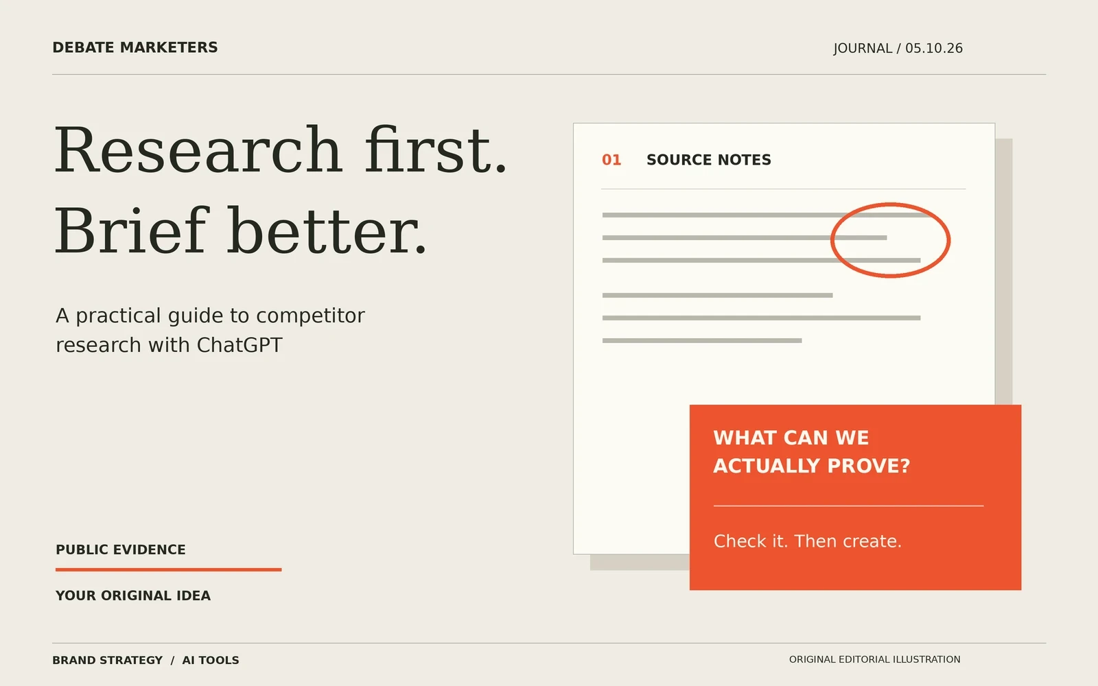 Editorial illustration of source notes and an orange fact-check card, headed Research first. Brief better.