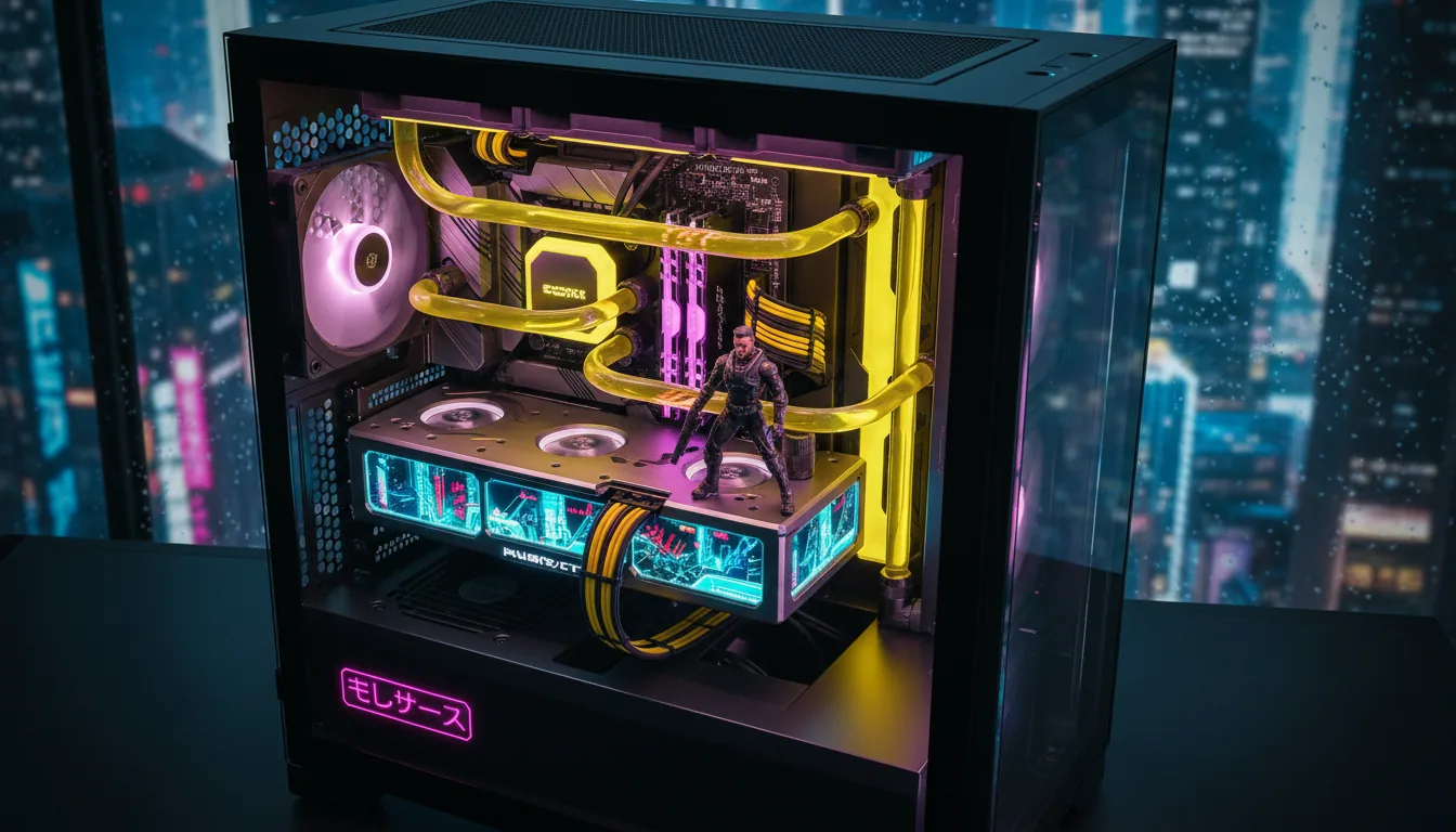 DSLR photograph of a meticulously crafted, custom-built PC with a strong cyberpunk theme, viewed through a clear glass side panel. The interior is a dense arrangement of high-end hardware, illuminated by dramatic, multi-colored RGB lighting in vibrant yellow, magenta, and cyan. Key features include a custom liquid cooling loop with transparent hard tubing and yellow-tinted fluid, crystalline-style RAM sticks glowing purple, and a vertically mounted GPU with a custom backplate showing three illuminated art panels. A small action figure of a male cyberpunk character sits on the hardware. High-angle shot with cinematic contrast, sharp focus on the intricate components, and reflections on the metallic and glass surfaces.