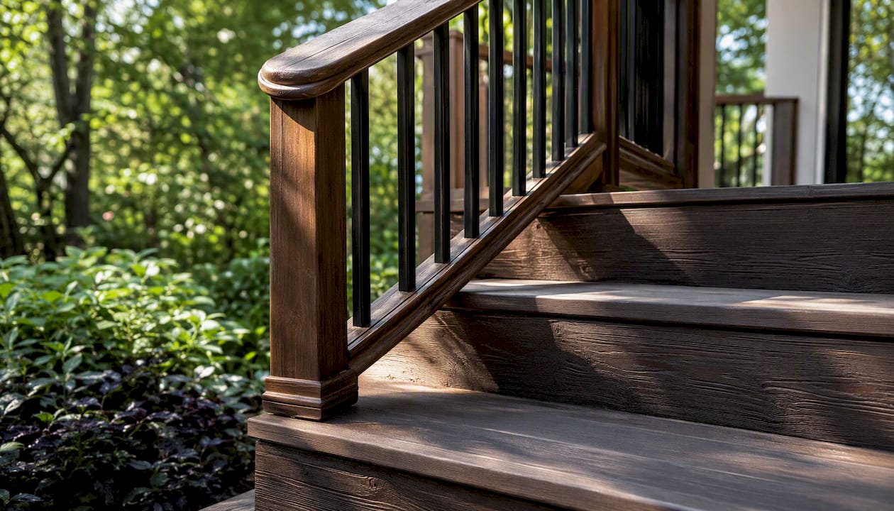 Close-up of split-level deck stair and railing corner