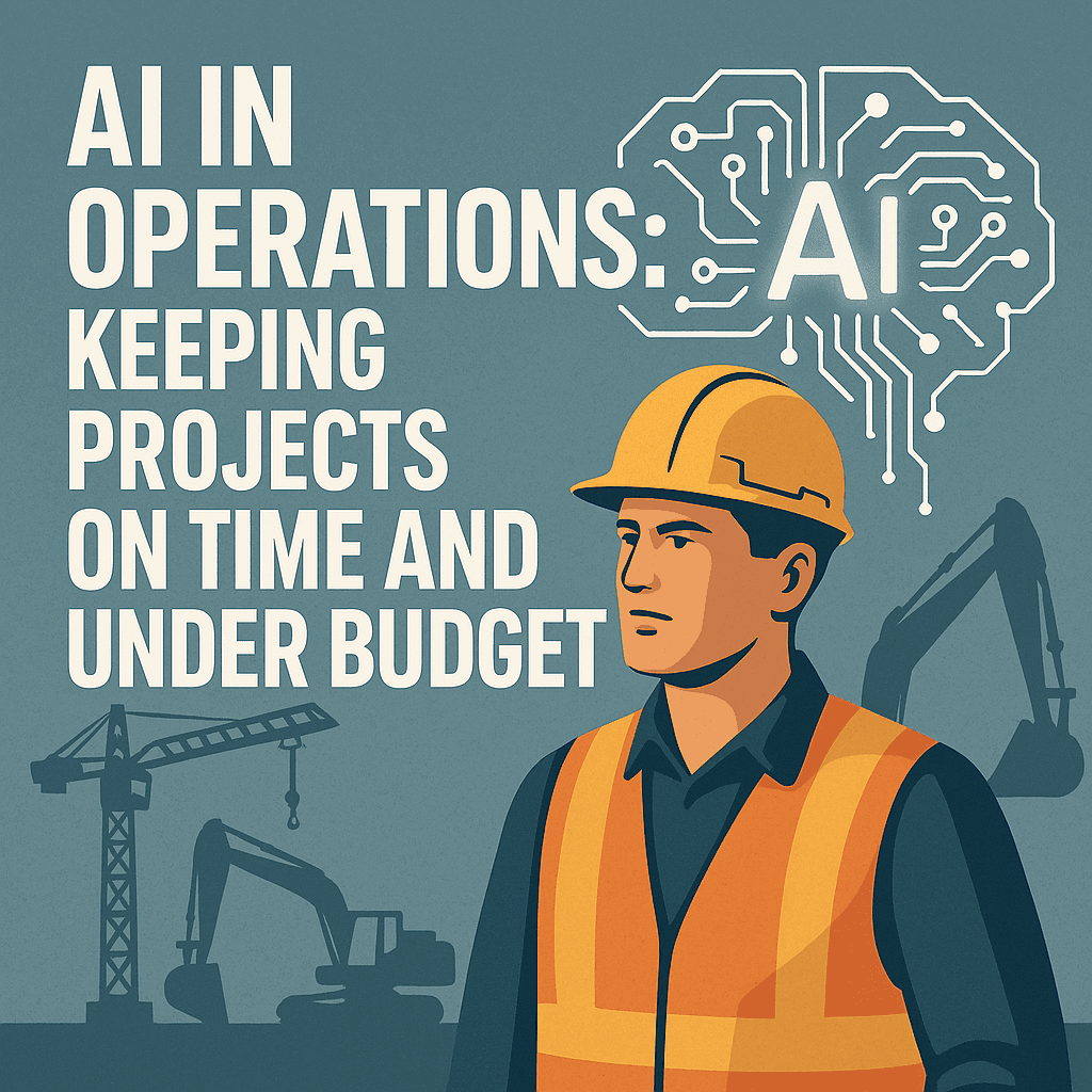 Illustration of a construction worker in a yellow hard hat and orange vest standing beside an illuminated AI brain graphic, with cranes and excavators in the background. Text reads “AI in Operations Keeping Projects on Time and Under Budget.”
