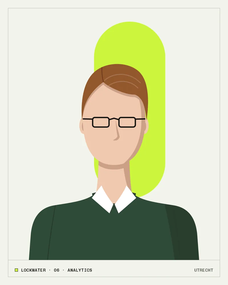 Flat editorial illustration of a woman with a blunt blonde bob and a navy turtleneck, arms crossed, smiling slightly against a pale sand background.