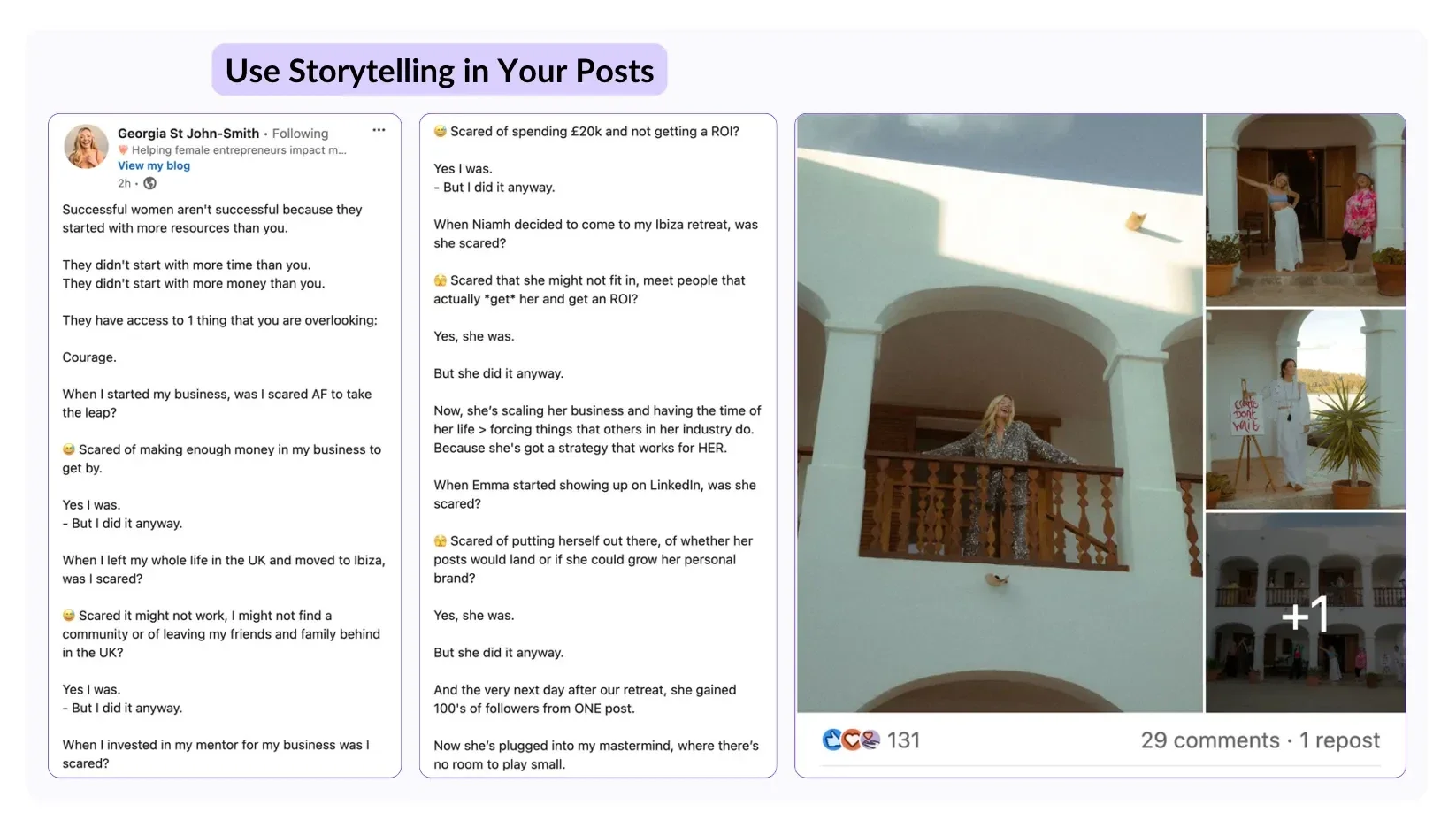 An example of a storytelling post on LinkedIn by Georgia St. John-Smith, including a long story and an image carousel