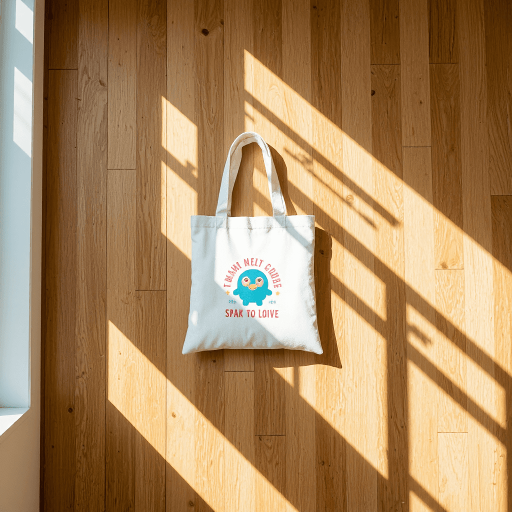 product photography of a small tote bag with a whimsical design