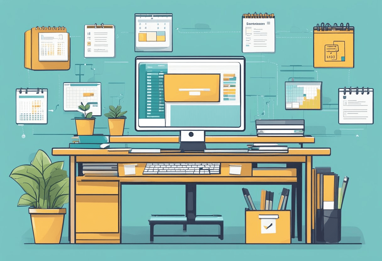 An office desk with a computer, files, and a calendar. A flowchart depicting the employee lifecycle phases. A happy, productive work environment