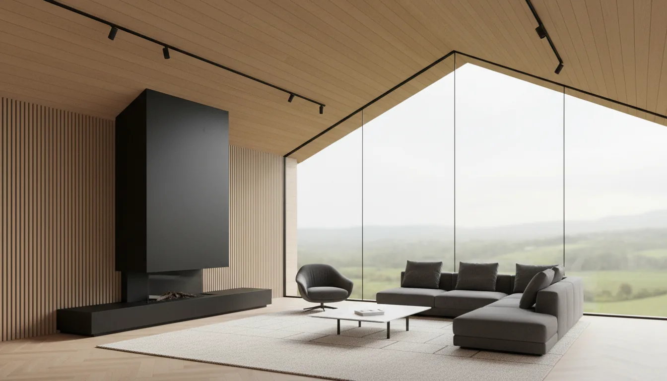 3D architectural visualization of a modern, minimalist living room, Enscape render style, with soft global illumination from floor-to-ceiling windows. The scene features an angled ceiling with warm wood planks and black track lighting, a prominent matte black floor-to-ceiling fireplace, and a wall of vertical wood slats. Furniture includes a large charcoal gray L-shaped sectional sofa, a matching swivel armchair, and a low, rectangular white marble coffee table on a cream area rug over light wood parquet floors. The large windows reveal a bright, hazy view of distant rolling green hills.