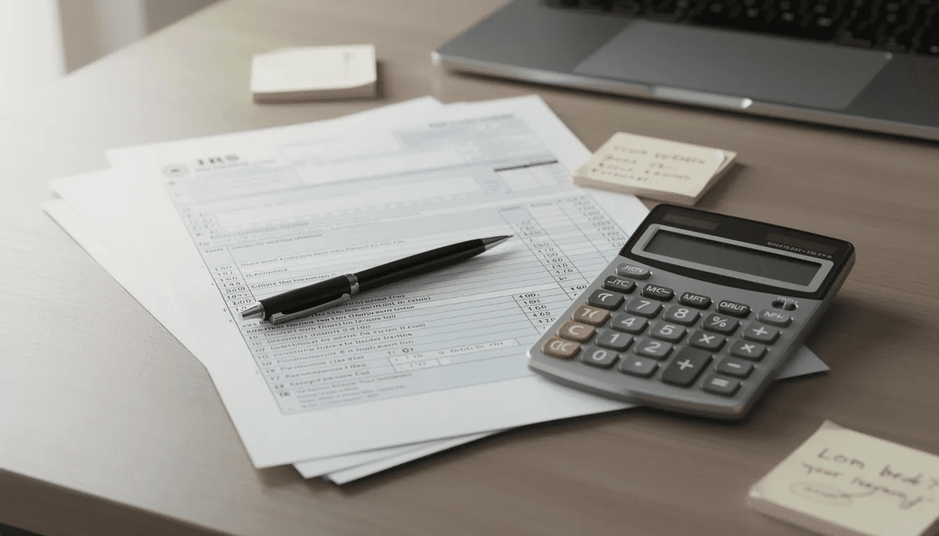 The image features a neatly arranged desk with professional tax documents and a calculator, suggesting a focus on managing tax obligations, such as capital gains tax on inherited property. This setup indicates preparation for calculating potential tax liabilities related to investment properties and estate planning.