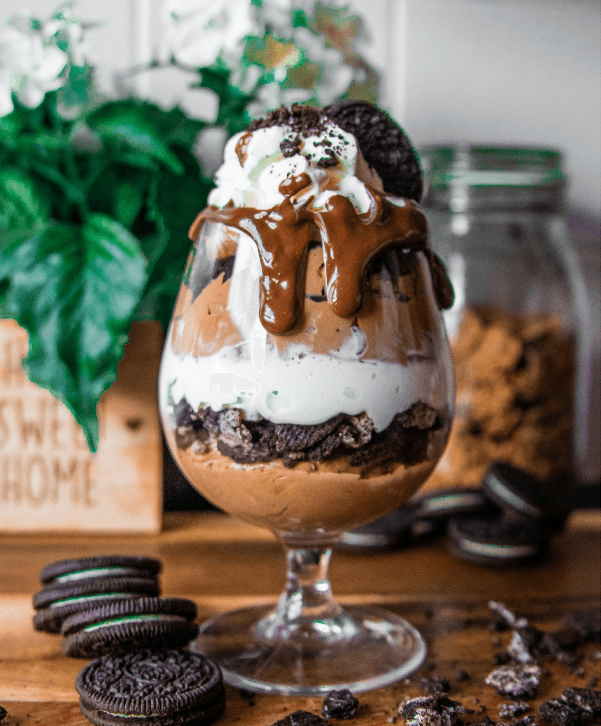 Oreo cookie sandwiches dessert in short-stem glass