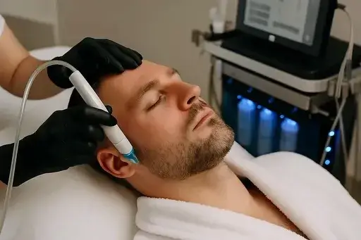 Man undergoing HydraFacial therapy to reduce acne, refine pores, and achieve smoother, balanced skin.