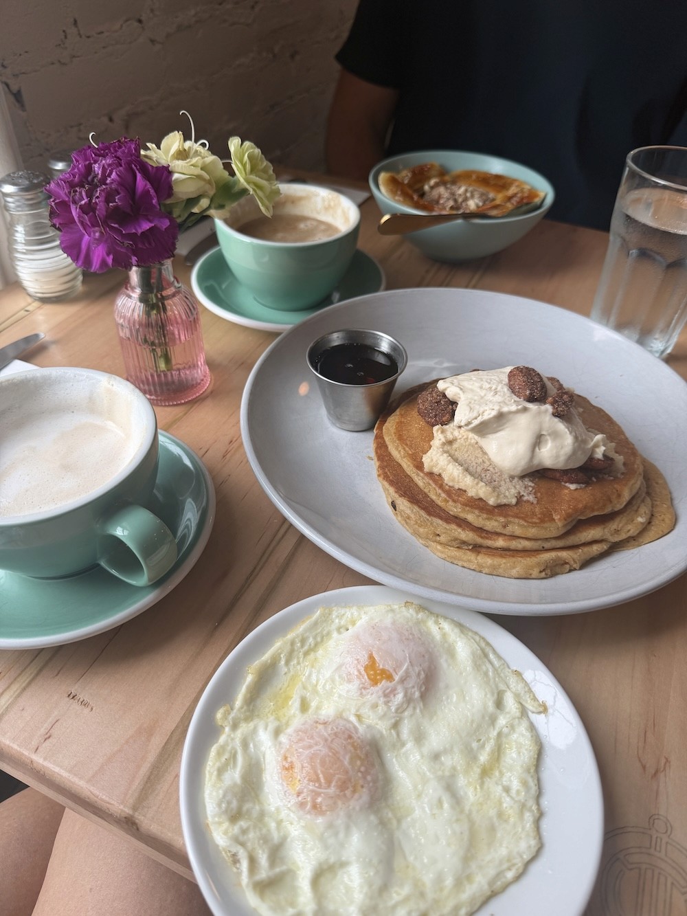 brunch with pancake latte and eggs