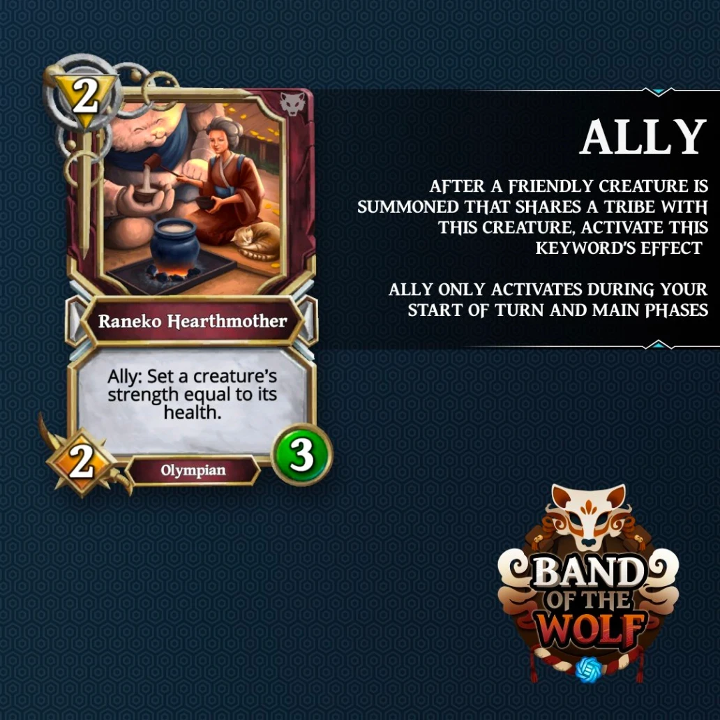 A gaming card featuring the new in-game and metagame mechanics of God's Unchained, Ally